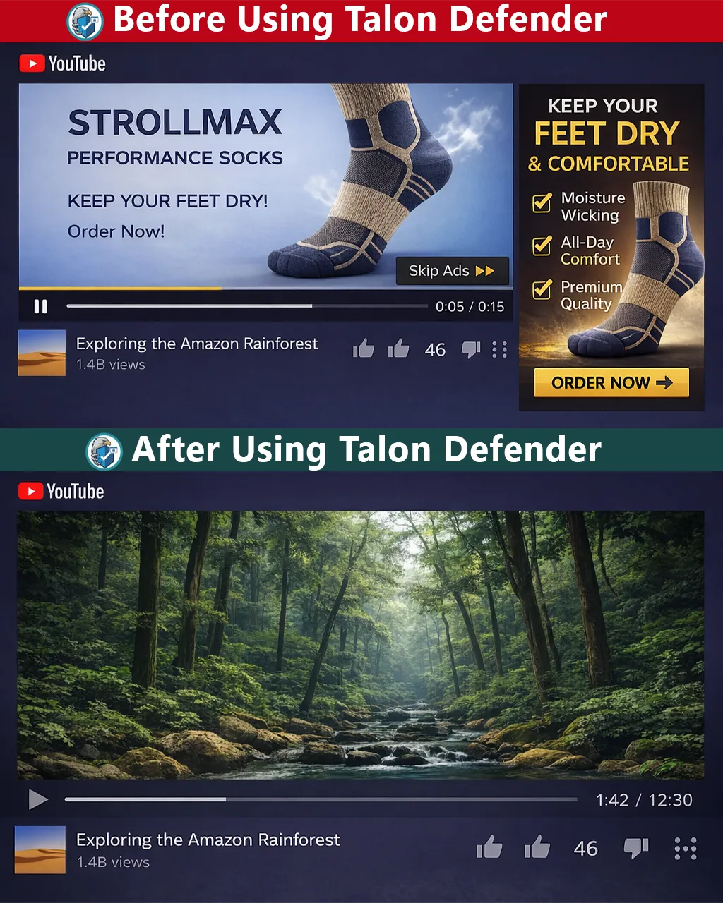 Before and after using Talon Defender to remove YouTube ads on YouTube