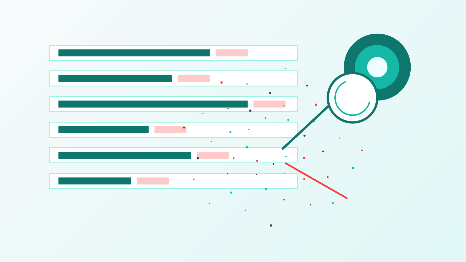 Abstract data rows and a magnifying glass showing ad-blocking statistics being reviewed.