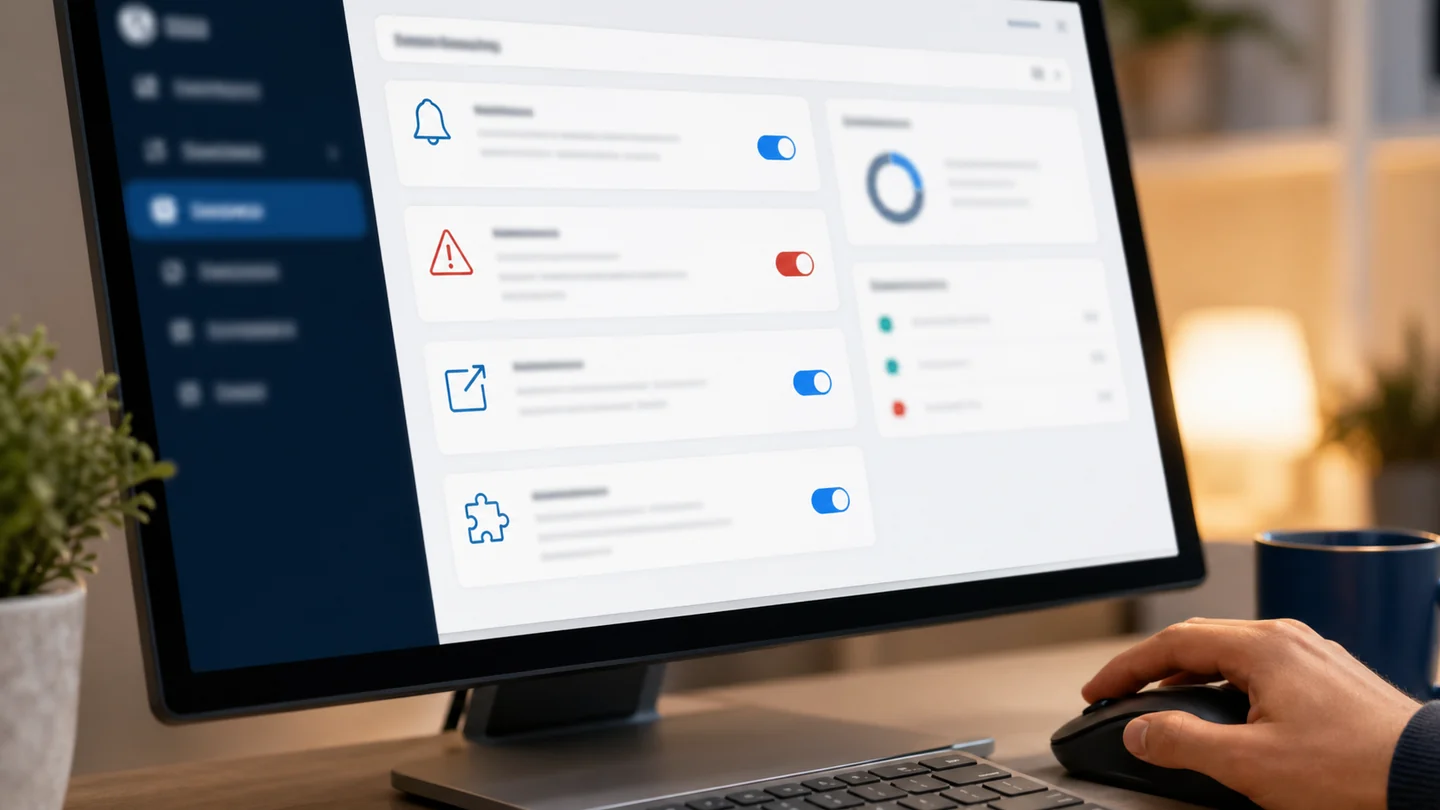Text-free browser safety illustration showing site permissions, extension review, and browsing protection as a three-step flow.