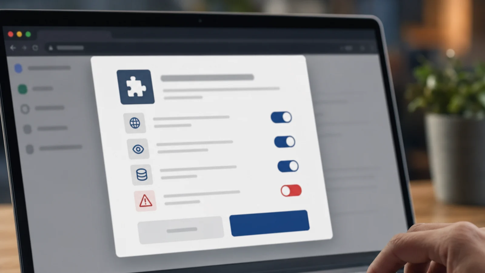 A Chrome extension permission review scene with narrow safe access options separated from a broad risky access option.
