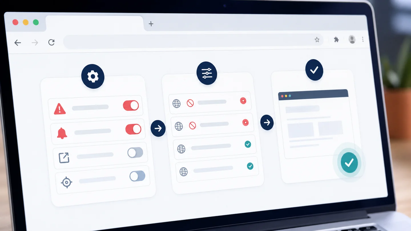 Browser extension permission review panel with safe toggles and suspicious add-ons separated for removal.