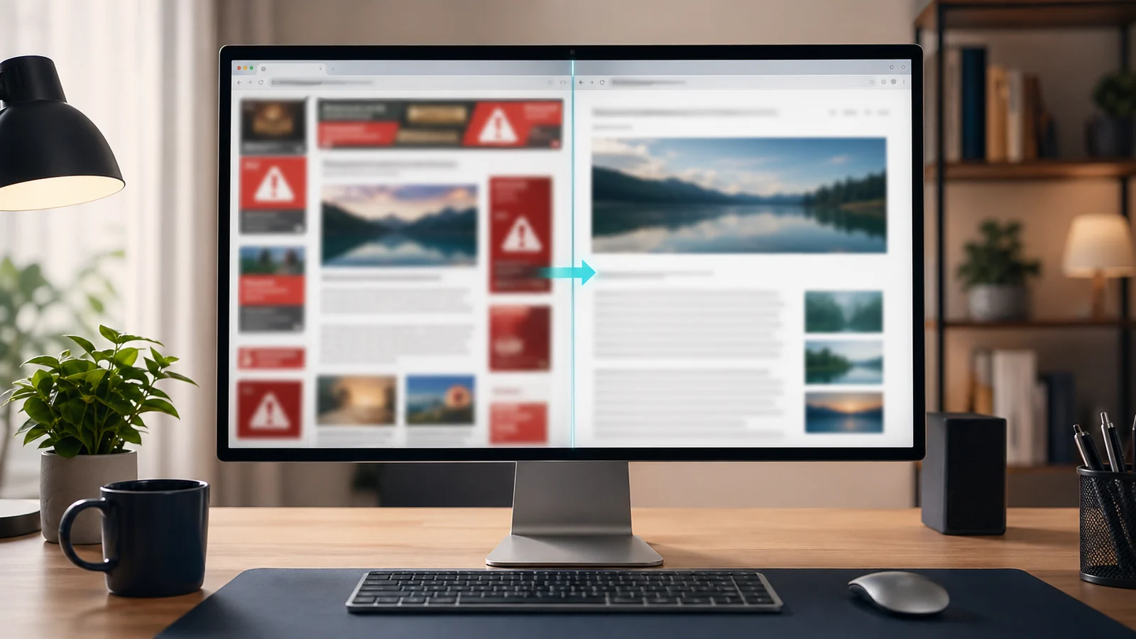 Laptop browser scene where intrusive ad cards are filtered away from a cleaner page.