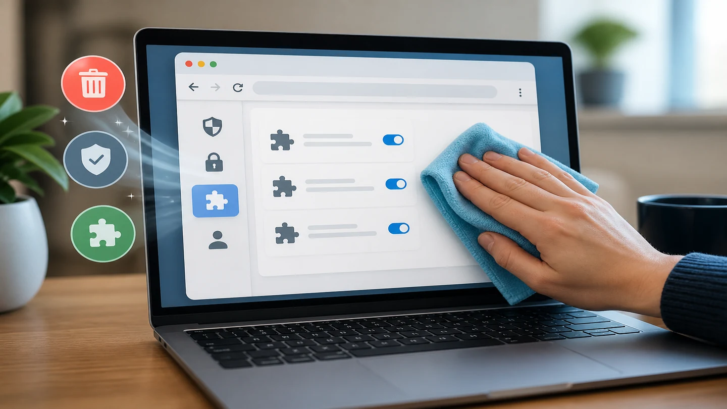 Browserindstillinger med udvidelsesikoner, tilladelseskontroller og en hånd, der renser siden.