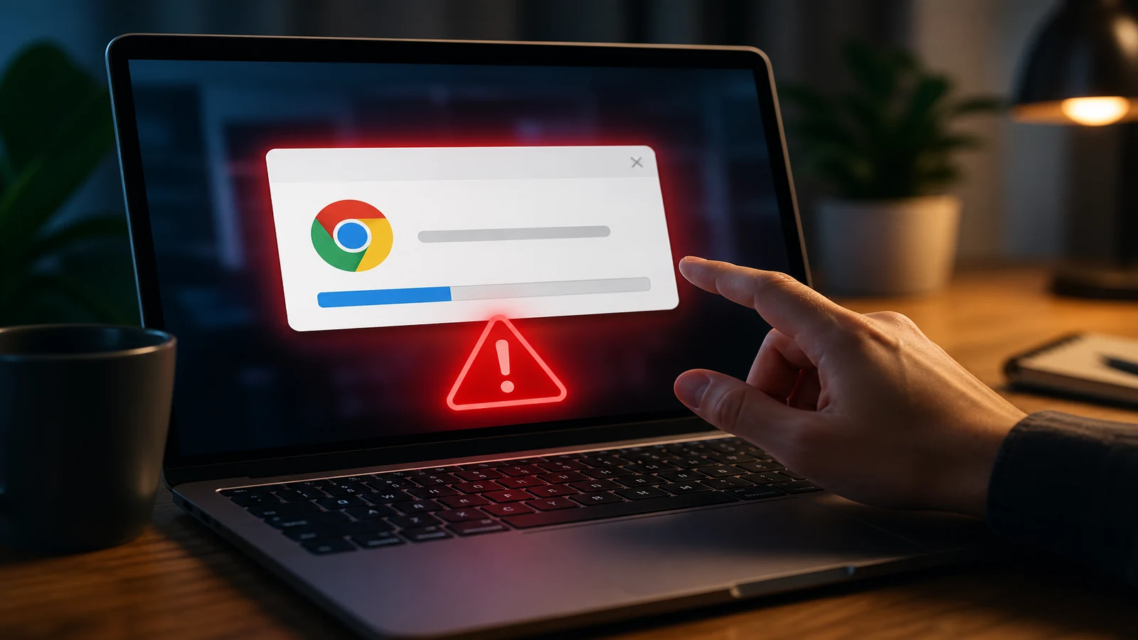 Hånd foran en mistænkelig Chrome-opdateringspop-up på skærmen af en bærbar computer.