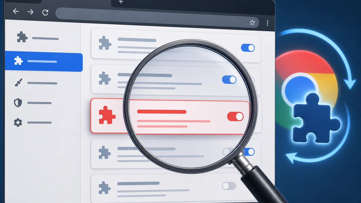 Flusso senza testo con sintomi del browser, estensione sospetta isolata e impostazioni piu sicure.