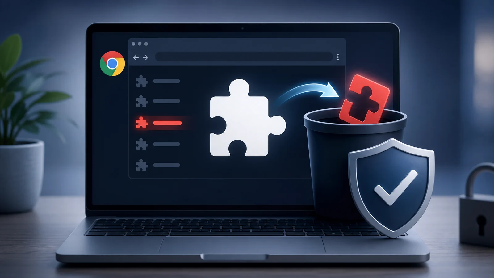 Pannello estensioni Chrome con un componente sospetto isolato per la rimozione.