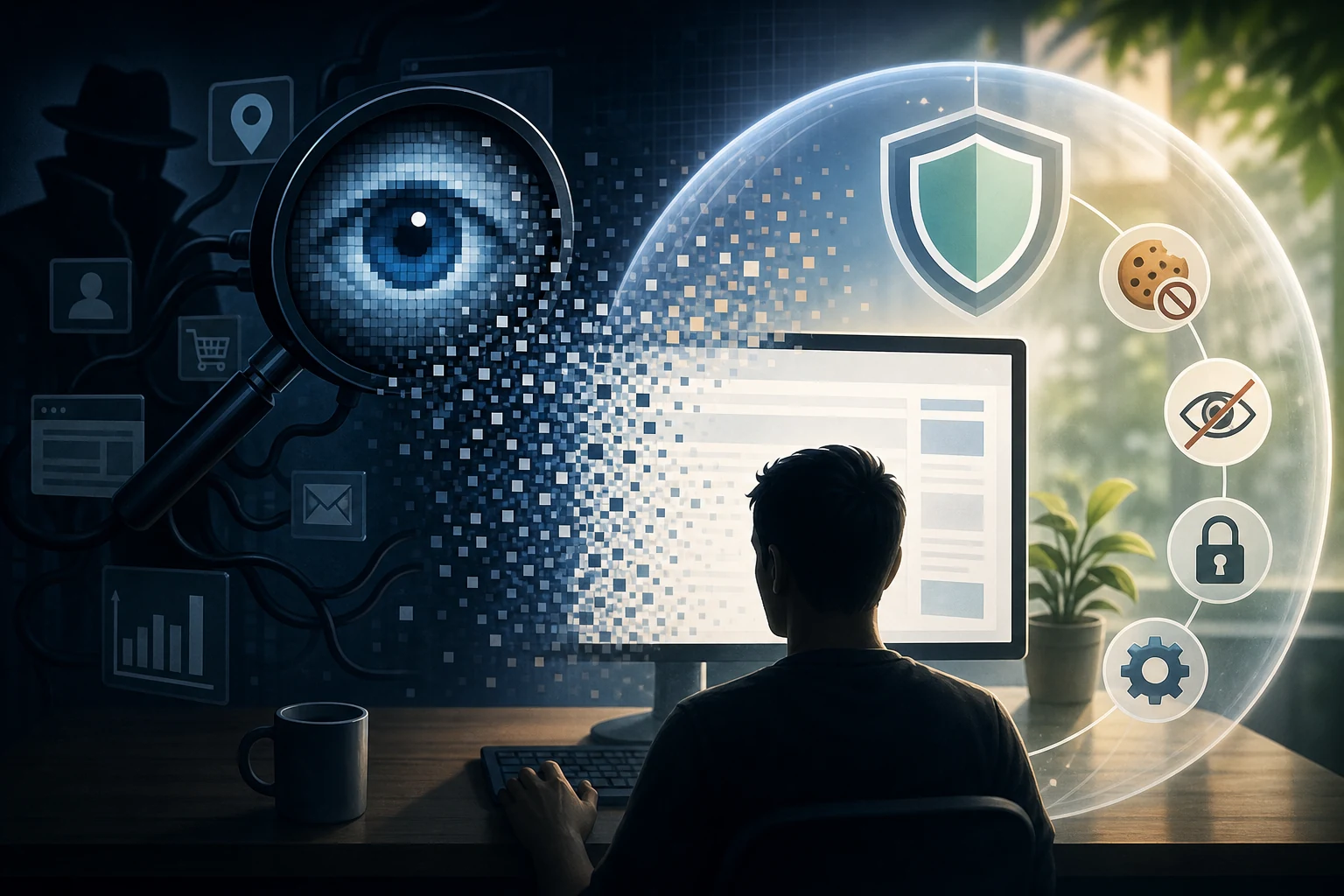 Abstract browservenster met kleine signalen die een winkelpagina verlaten en door privacycontroles worden gefilterd.