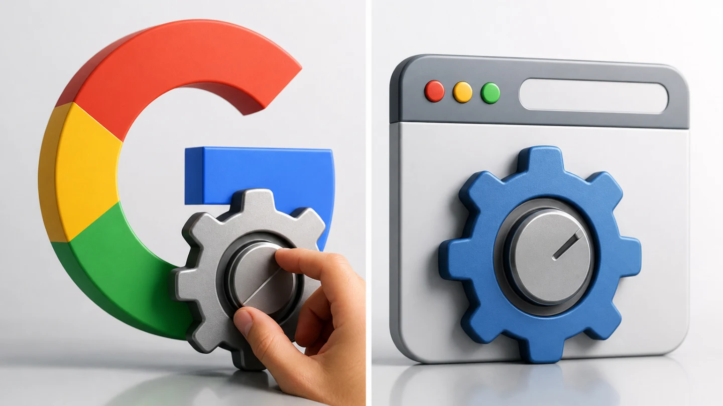 Controles de privacidad del navegador representados como un dial junto a paneles abstractos de personalización de anuncios.